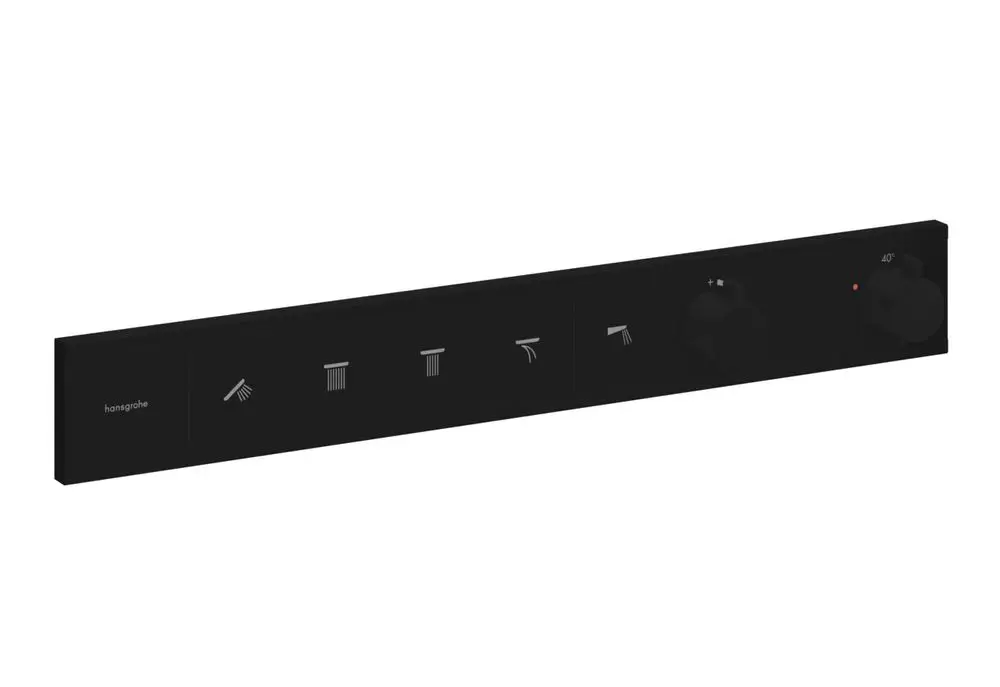 Schwarze Bedienblende von Hansgrohe mit Symbolen für verschiedene Wasserverbraucher und zwei Regelknöpfen zur Temperatur- und Volumensteuerung.